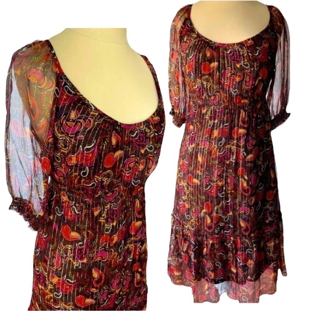 𝅺KENSIE Dreamy Paisley Fall Colors Midi Dress Chiffon 3/4 Sleeves Size Small